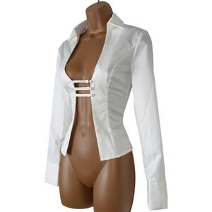 New‎ Medium White Strappy Open Front Long Sleeve Collar Top Blouse Sexy Y2k Crop